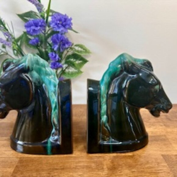Blue‎ Mountain Pottery Horse Head Bookends Canadian Mid-Century Green Drip Glaze - Picture 2 of 6